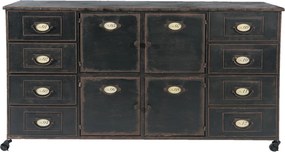 Čierna kovová komoda so zásuvkami na kolieskach - 152 * 44 * 86 cm