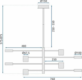 Toolight Toolight, LED stropné svietidlo s 8 ramenami 75x124 cm APP598-8C, čierna, OSW-08566