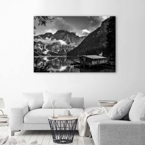 Obraz na plátně Chata u horského jezera Alpy - 90x60 cm