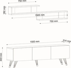 TV stolík MIYA 150 cm s nástennou policou, antracitový