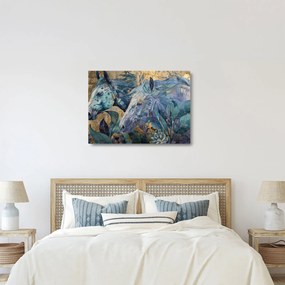 Sklenený obraz - Kone so zlatým pozadím (70x50 cm)