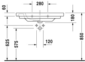 Duravit D-Code - Umývadlo do nábytku s prepadom 850x480 mm, 1 otvor na batériu prepichnutý, biela 03428500002