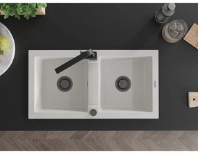 Mexen Mario, granitový drez 820x436x161 mm, 2-komorový, biela s čiernym sifónom a čierna drezová batéria Rita, 6504-20-670300-70
