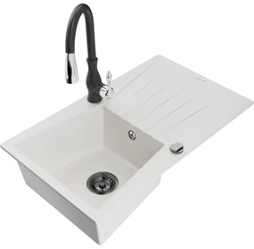 Mexen Cesar, 1-komorový granitový drez 775x470x190 mm a drezová batéria Savita, biela, 6514-20-672601-70
