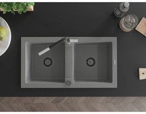 Mexen Mario, 2-komorový granitový drez 820x436x161 mm a drezová batéria Flora, šedá, 6504-71-670401-07-B