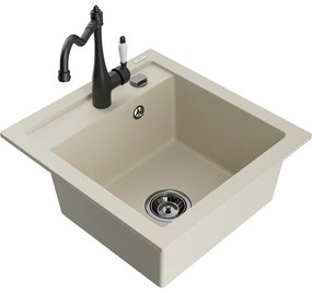 Mexen Vito, granitový drez 490x520x210 mm, 1-komorový a drezová batéria Carla, béžová, 6503-69-670700-70