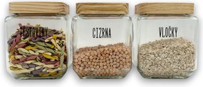 5Five® Súprava 3ks sklenených bytelných hranatých dóz s dreveným vekom, 1,25l KWADR