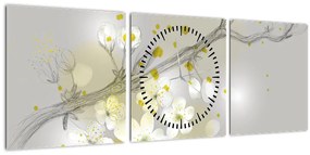 Obraz rozkvitnutej vetvičky (s hodinami) (90x30 cm)