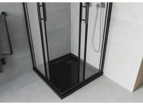 Mexen Rio, štvorcový sprchovací kút s posuvnými dverami 90(dvere) x 90(dvere) x 190 cm, 6mm sklo námraza, čierny profil + čierna sprchová vanička SLIM, 860-090-090-70-30-4070B