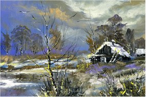 Obraz chalúpky v zimnej krajine, olejomaľba (90x60 cm)