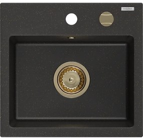 Mexen Milo granitový jednokomorový drez 435 x 410 mm, Čierna/Zlatá metalíza, Sifón Zlatá - 6505441000-75-G