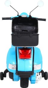 Ramiz Elektrický skúter Vespa pre deti modrý + pomocné kolieska + audio + ekokoža + EVA + plynulý štart