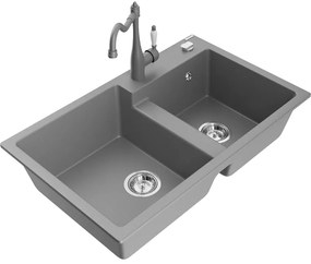 Mexen Tomas, granitový drez 800x500x190 mm, 2-komorový a drezová batéria Carla, šedá, 6516-71-670700-71