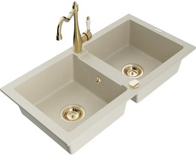 Mexen Mario, granitový drez 820x436x161 mm, 2-komorový a drezová batéria Carla, béžová, 6504-69-670700-50