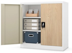 Kovová spisová skrinka BEATA, 900 x 930 x 400 mm, Eco Design: biela/ dub sonoma