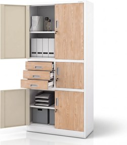 Kovová kancelárska skriňa so sejfom biela, dub sonoma, 900x1850x400 mm: FILIP II Eco Design