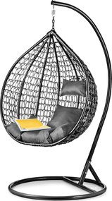 Čierne závesné kreslo KOKON so stojanom, sivý vankúš