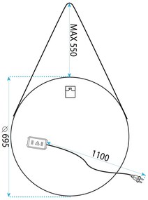 Tutumi Tutumi, okrúhle LED zrkadlo 70cm zavesené na čiernom pásiku, model 104, predné osvetlenie, HOM-02697