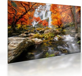 Sklenený obraz - Vodopády v jesennej krajine, oranžový (70x50 cm)