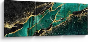 Obraz - Petrolejovo-zlaté mramorovanie (s hodinami) (90x30 cm)