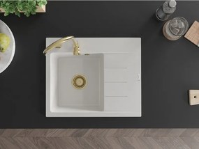 Mexen Ben jednokomorový žulový drez s odkvapkávačom, ľavý 600 x 500 mm, biely, zlatý sifón - 6522605000-20-G