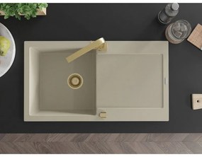 Mexen Leo, drez granitový 900x500x190 mm, 1-komorový, béžový so zlatým sifónom a zlatá drezová batéria Rita, 6501-69-670300-50