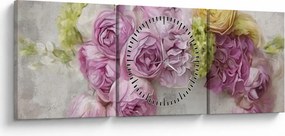 Obraz - Kvety na stene v pastelových farbách (s hodinami) (90x30 cm)