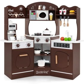 Drevená rohová kuchynka na hranie so zvukom, svetlom a kávovarom a šmýkačkou v kuchynke pre batoľatá hnedá