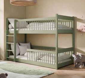 Detská poschodová posteľ s Montessori lôžkom z masívu borovice BOLEK - 200x90 cm - OLIVOVO ZELENÁ