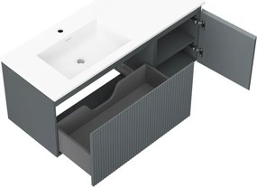 Mexen Rivel, kúpeľňová skrinka 120 cm s ľavým umývadlom Otis, 1S, 1D, drážkovaná, grafitová matná/biela matná, 91A23-12047-3-BBFF66-W18L01
