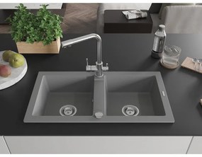 Mexen Mario, 2-komorový granitový drez 820x436x161 mm a chrómová drezová batéria Duero, šedá, 6504-71-671600-00