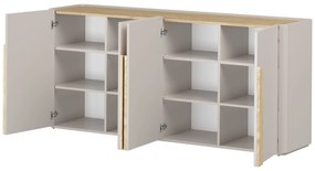 Komoda Amilio 200 cm štvordverová - kašmír / olejovaný dub / úchytky svetlý dub