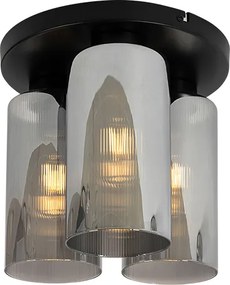 Stropné svietidlo v štýle Art Deco čierne s dymovým sklom 3-svetlo - Laura