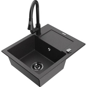 Mexen Enzo, 1-komorový granitový drez 576x465x174 mm a drezová batéria Elia, čierna škvrnitá, 6506-76-670101-70-B