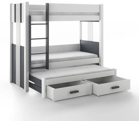 Detská poschodová posteľ z masívu borovice ARTEN III s prístelkou a šuplíky - 200x90 cm - biela/grafitová