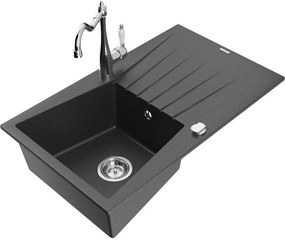 Mexen Cesar, 1-komorový granitový drez 775x470x190 mm a drezová batéria Carla, čierna škvrnitá, 6514-76-670700-00