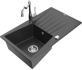 Mexen Cesar, 1-komorový granitový drez 775x470x190 mm a drezová batéria Carla, čierna škvrnitá, 6514-76-670700-00