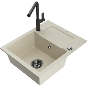Mexen Enzo, 1-komorový granitový drez 576x465x174 mm a drezová batéria Flora, béžová, 6506-69-670401-70-B