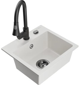 Mexen Milo, 1-komorový granitový drez 435x410x171 mm a drezová batéria Elia, biela, 6505-20-670101-70