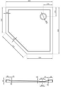 Mexen Flow Slim, päťuholníková sprchová vanička 80 x 80 cm, biela lesklá, 46P108080
