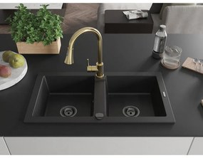 Mexen Mario, 2-komorový granitový drez 820x436x161 mm a drezová batéria Elia, čierna, 6504-77-670101-50-B