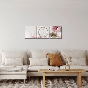 Obraz - Maľba ružových kvetov (s hodinami) (90x30 cm)