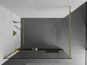 Mexen Kioto+, sprchová zástena s poličkou a držiakom na uteráky 70 x 200 cm, 8mm číre sklo, zlatý profil, 800-070-121-50-00