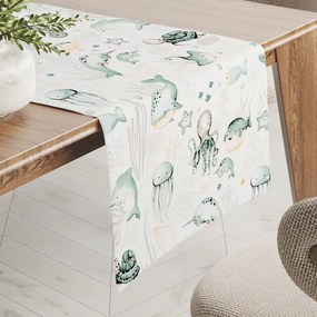 Biante Detský bavlnený behúň na stôl Sandra SA-688 Morský svet zelený na bielom 20x160 cm