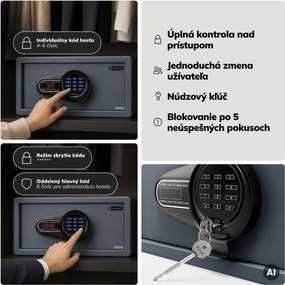Hotelový trezor elektronický s kódovým zámkom, na notebook 15″ a dokumenty, 200 x420x370 mm: ALFRED