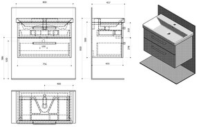 Sapho, THEIA Umývadlová skrinka 75,6x50x43,5cm, 2x zásuvka, dub strieborný (TH084), TH080-1111