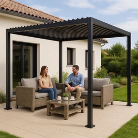JU Pergola s lamelami 3 x 4 m, hliníková, s plochou strechou, 2-dielna, čierna