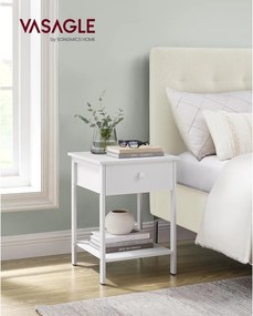 Nočný stolík, príručný stolík so zásuvkou a policou, matný biely