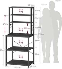 Kuchynský stojan, stojací polica, mikrovlnkový stojan, šedá–čierna, 40×60×167 cm