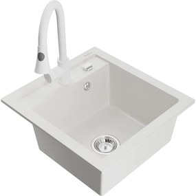 Mexen Vito, 1-komorový granitový drez 490x520x210 mm a drezová batéria Elia, biela, 6503-20-670101-20